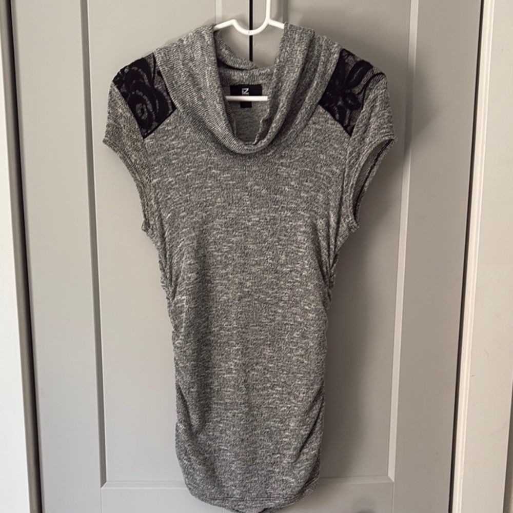 Iz Byer Gray Cowl Neck Top with Black Lace Accents